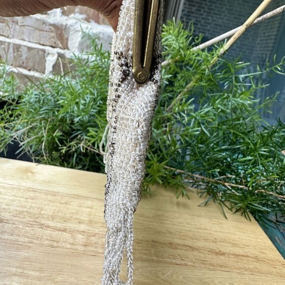 Antique Edwardian Fringe Flapper Purse Evening Bag Micro Seed Bead Floral Metal - Picture 12 of 16